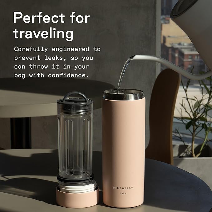 Firebelly Tea, Travel Tea Infuser Mug with Strainer, Insulated Tumbler for Loose Leaf Tea or Coffee, Leakproof Bottle for Hot or Iced Drinks, Stainless Steel Thermos with Lid, Salmon