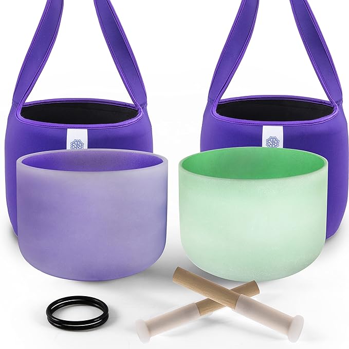 FMTY 10inch Crystal Singing Bowls set prefect pitch(±10HZ) Green(Heart)+ Purple(Crown) with Soft Carrying Bag Sound Bowls Chakra Bowl