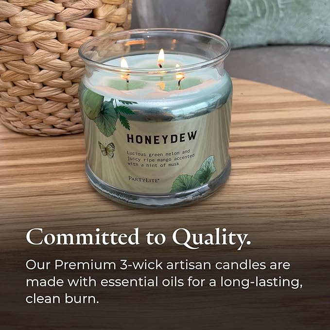PartyLite Honeydew Scented, Notes of Green Melon, Juicy Ripe Mango and a Hint of Musk, 13.2oz 3-Wick Jar Candle, 45 Hour Burn Time, Luxurious Fragrance, Ideal for Gifting - Bloomnest
