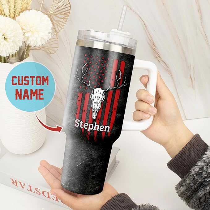 WAZONE Personalized Hunting American Flag 40oz Tumbler with Handle and Straw Stainless Steel Travel Coffee Cup I'D Rather Be Hunting Gift for Boyfriend Husband Dad On Birthday Christmas - Bloomnest