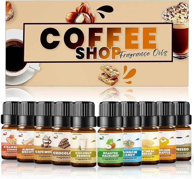 Coffee Shop Fragrance Oil Set | Espresso, Mocha Coffee, Chocolate, Almond Biscotti, Roasted Hazelnut Candle Scents for Candle Making, Soap Making Supplies, Diffuser Oil Scents - Bloomnest