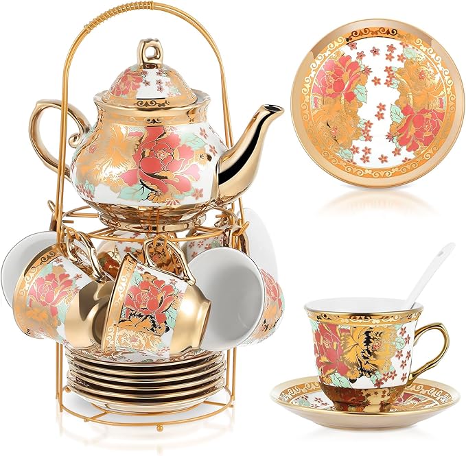 Zhehao 20 Pcs Porcelain Tea Set with Metal Holder and Spoon Adult Ceramic Tea Set European Flower Painting Teapot Cup Saucer Spoon for Women, Large Version(Stylish Style) - Bloomnest