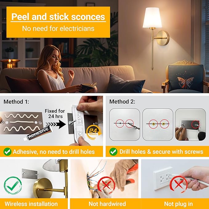 Battery Operated Wall Sconce: Peel and Stick Adhesives Stick On Non Drill Wall Light, Rechargeable Wireless Wall Lamp with Battery Corn Bulb for Bedroom Wall Decor (Gold,20inch) - Bloomnest