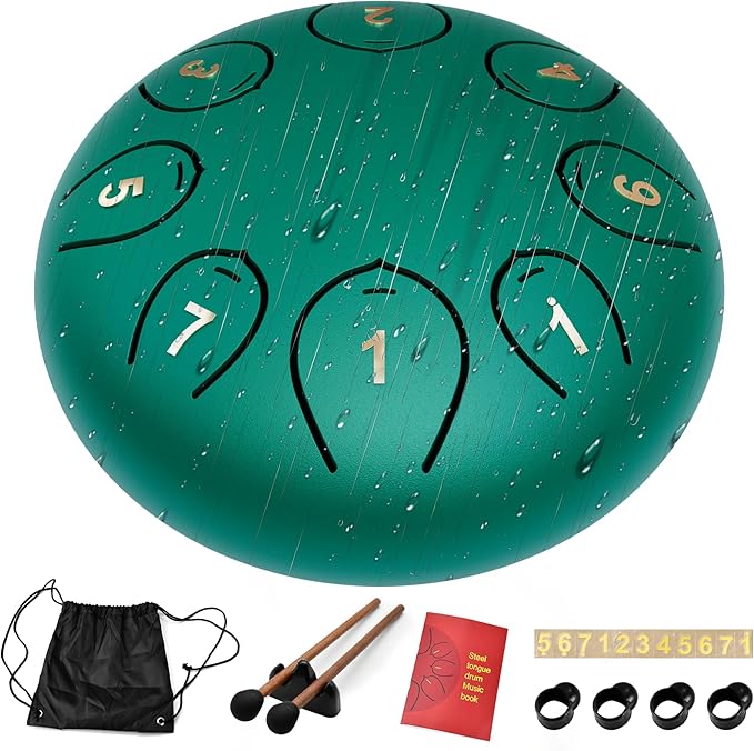 Steel Tongue Drum 6 Inch 8 Notes, Rain Drums for Outside C major, Hang Instrument, Handpan for Kids, Ethereal Hand Pan for Meditation Yoga Musical Education, Green - Bloomnest