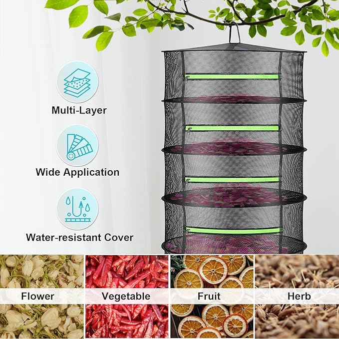2ft Herb Drying Rack Net Mesh with Green Zippers Hydroponics,Bonus Hook Drying Rack Herbs for Plant Bud Seed, Mesh Hanging Plant Dry,Herb Dry Net for Garden (8 Layer, Zipper Style) - Bloomnest