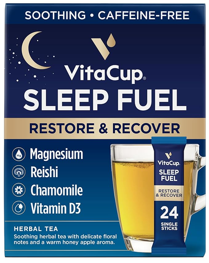 VitaCup Sleep Fuel Instant Tea Packets for Deep REM Sleep, Relax & De-Stress w/Chamomile, Magnesium, Vitamin D3, Coconut Water, Coconut Milk, Potassium, Calming for Full Body Relaxation, 24Ct - Bloomnest