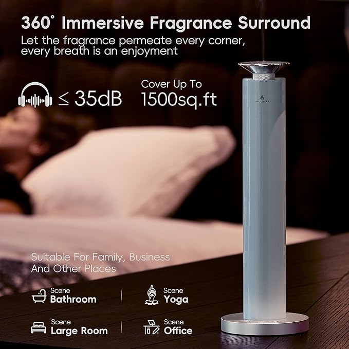 Waterless Scent Diffuser Starter Kit - Alloy Atomization System, Smart Rechargeable Hotel Scent Diffuser, 1500 Sq Ft Coverage, Including 120ml Essential Oil, for Home, Large Room, Spa, Pastel Blue - Bloomnest