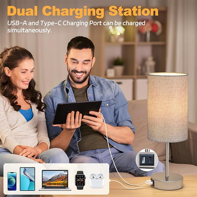 AKASUKI Table Lamp for Bedroom, 3 Way Dimmable Touch Lamp with Dual Charging Station, Small Bedside Lamps for Night Stands, Living Room, Office(LED Bulb Included) - Bloomnest