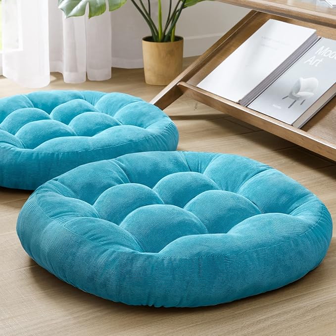 Meditation Floor Pillow Set of 2, Round Large Pillows Seating for Adults, Tufted Corduroy Thick Cushion for Living Room Tatami, Turquoise, 22 Inch'2 Count (Pack of 1)