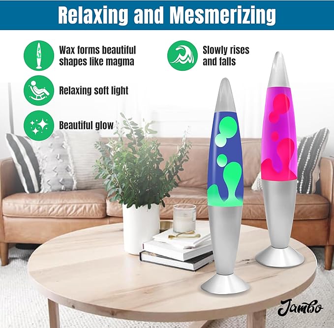 JAMBO 2 Pack- 16" Beautiful Lamp- Blue with Yellow/Green Wax and Purple with Pink Wax, Relaxing Liquid Lamp, Night Light Nightlight, Lamps for Adults Teens Kid - Bloomnest