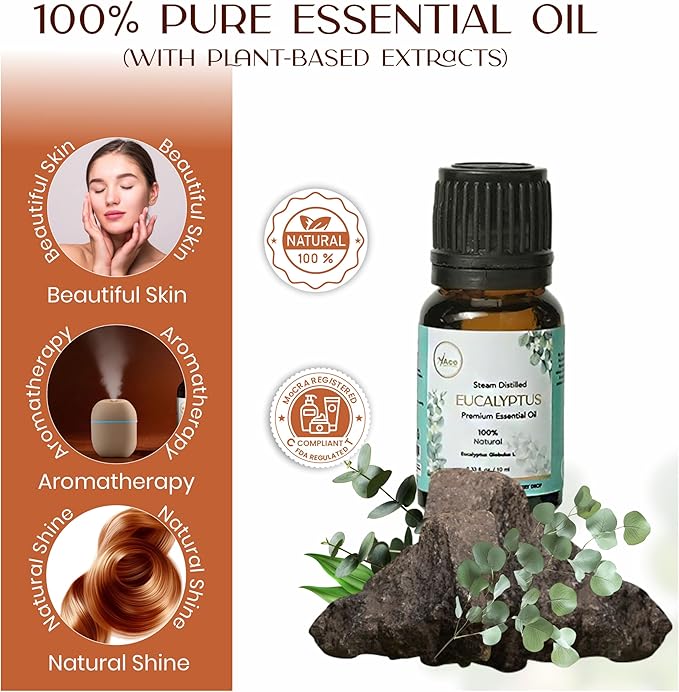 My Ace Eucalyptus Essential Oil – 100% Pure & Natural, Steam-Distilled, Undiluted Oil for Diffuser, Aromatherapy, Massage, Candle & Soap Making – Amber Glass Bottle – 0.33 fl oz MyAce