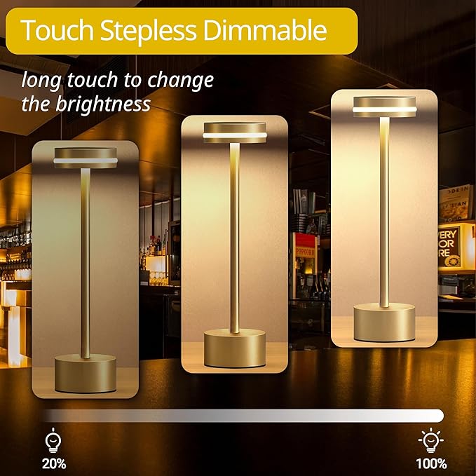 Portable Rechargeable Bedside Lamp, Touch Stepless Dimmable Desk Lamp, Cordless Table Lamp, Ideal for Home, Bedroom, Hotel, Restaurant, Bar, Outdoor, 1 Pack (Gold) - Bloomnest