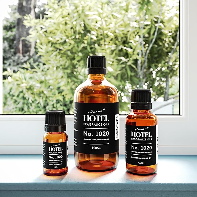 AirScent Hotel Diffuser Oil No. 1020 - Bergamot Cardamom Sandalwood - Hotel Scent Dupe - Premium Fragrance Oil for Ultrasonic and Waterless Diffusers and Crafting - 120 mL, 4 fl oz Glass Bottle Airscent