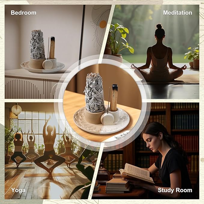4 in 1 Incense Holder, Ceramic Incense Stick and Palo Santo Holder,Sage Holder for Burning- 5.5" Ceramic Ash Catcher Tray for Meditation and Yoga Room (Sand) - Bloomnest