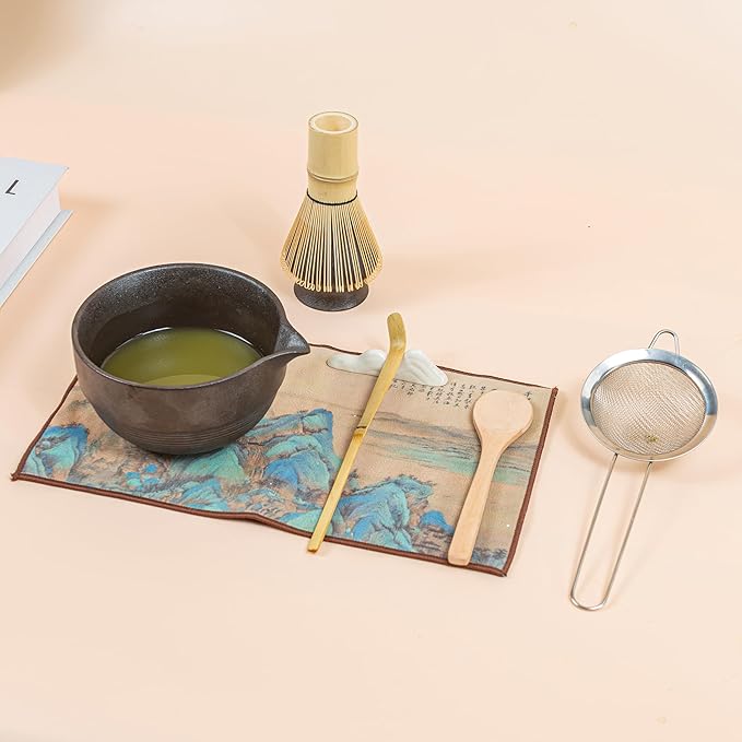 Matcha Set 7-Piece Tea Set with Brush, Bowl, Whisk, Strainer, Chasen, for Matcha Tea Ceremony (Black) - Bloomnest