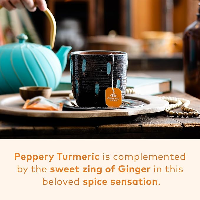 ORGANIC INDIA Tulsi Turmeric Ginger Herbal Tea - Stress Relieving & Harmonizing, Immune Support, Aids Digestion, Vegan, Caffeine-Free - 18 Infusion Bags, 6 Pack - Bloomnest