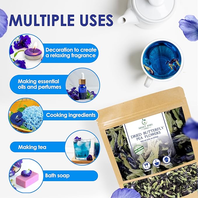 Nhat Anh Farm - Premium Dried Butterfly Pea Flower - 3,5oz(100g) Blue Butterfly Pea Flower - 100% Natural & Pure, Sugar/Caffeine/Gluten Free - For Making Tea - Bloomnest