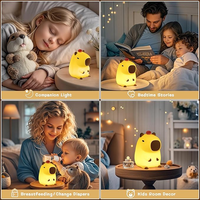 Capybara Night Light,Cute Tangerine LED Squishy Novelty Animal Night Lamp,Dimmable Soft Silicone Nursery Nightlight for Kids, Rechargeable Bedroom Touch Lamp, Dorm Decor, Baby Boys Girls Gift - Bloomnest