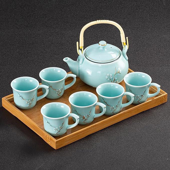 KEYDUACU Japanese Tea Set, Celadon Ceramic Tea Set, Plum Blossom Embossed, Includes 1 Teapot, 6 Anti-scald Teacups,Tea Tray,Strainer, Home, Outdoor, Gift, Chinese Kung Fu Tea Set(FDMH-FT-CYAN) - Bloomnest