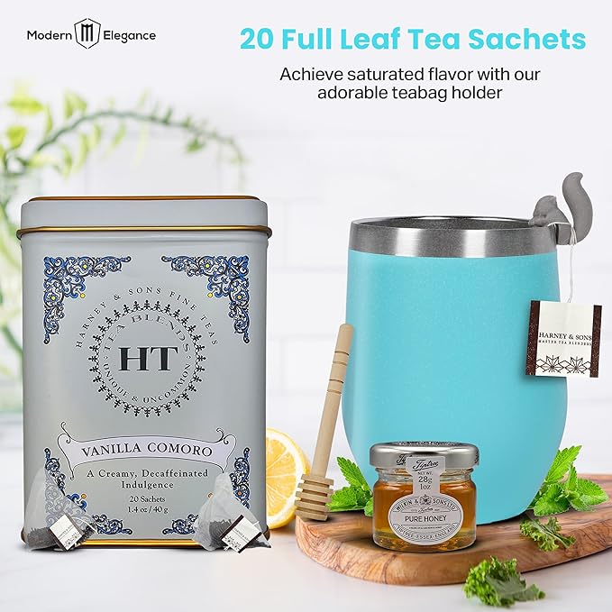 Tea Gift Set for Women – Thoughtful Get Well Gift Box with Cozy Socks, Stainless Tumbler, 20 Tea Sachets, Honey Jar & Sending Hugs Card (Vanilla Decaf - Cloud Socks) - Bloomnest