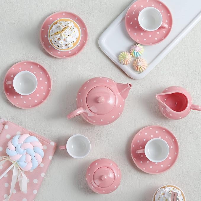 fanquare Porcelain Tea Service Set for Girls, 12Pieces Role Play Tea Sets with Box for Holiday Gifting Party, Pink and Polka Dot - Bloomnest