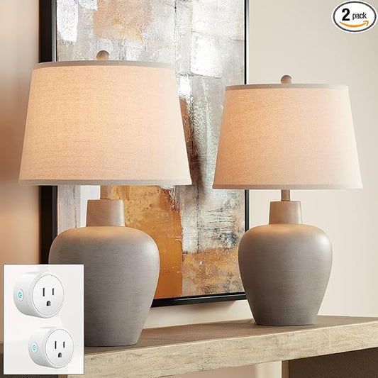 Regency Hill Glenn 27" Tall Urn Natural Cottage Southwestern Table Lamps Set of 2 WiFi Smart Socket Gray Terra Cotta Living Room Bedroom Bedside Nightstand House Office Home Reading Beige Shade - Bloomnest