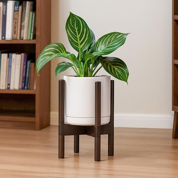 D'vine Dev Ceramic Planter with Walnut Color Stand - 8 Inch Modern Round Flower Pot with Wood Planter Holder, Oatmeal, 55-B-Y-8 - Bloomnest