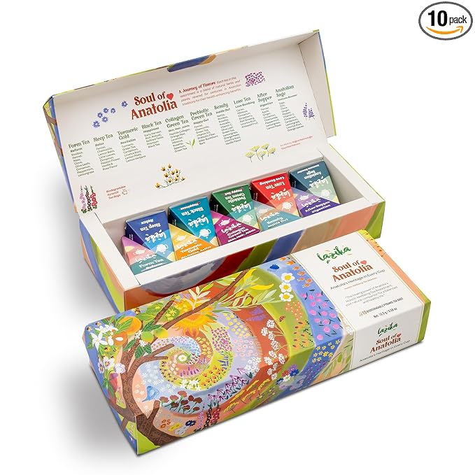Lazika Tea Variety Pack with Lovely Presentation Box, Black, Green and Herbal Tea Sampler Gift Set, 10 Counts, Premium Collection with Pyramid Infuser Bag, Handcrafted - Bloomnest