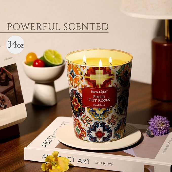 HomeLights 3-Wick Candles for Home Scented - 34oz Soy Wax Blend Candle Long-Lasting Fragrance, Bohemian Natural Textures Home Decor and Housewarming Gifts, Fresh Cut Roses - Bloomnest