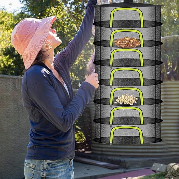 7 Layer Herb Drying Rack, Herb Drying Rack Hanging Mesh, Foldable Bud Drying Net with U-Shaped Zipper, Hooks, for Drying Herbs Plants, Flowers, Fruits, Food, Camping (7 Layers-23.62'') - Bloomnest