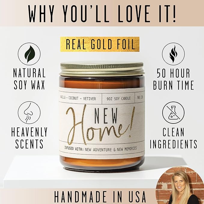 Housewarming Gift, House Warming Gifts New Home, Housewarming Gifts for New House - 'New Home' Soy Candle, w/Vanilla, Coconut & Vetiver I New Home Gifts for Home I 9oz Jar, 50Hr Burn, Made in USA - Bloomnest