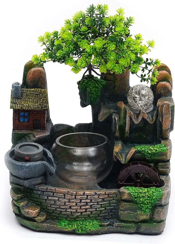 Tabletop Waterfall Fountain Humidifier with LED Light and Atomizer, Water Fountains Indoor Home Decor or est Festival Birthday Surprise for Boys, 14 Inch Desktop Small Mini Bonsai - Bloomnest