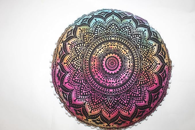 CRAFT KALA Boho Large Floor Pillow Pouf Cover Mandala Meditation Room Pillow Cover for Adults Round Bohemian Seating Pouf Cushion Cover for Kids Playroom 22" Multi Ombre - Bloomnest