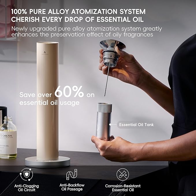 Waterless Scent Diffuser Starter Kit - Alloy Atomization System, Smart Rechargeable Hotel Scent Diffuser, 1500 Sq Ft Coverage, Including 120ml Essential Oil, for Home, Large Room, Spa, Cream - Bloomnest