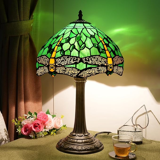 Tiffany Lamp Green Dragonfly Stained Glass Table Lamp 12X12X18 Inches Green Dragonfly Style Desk Reading Light Decor Beside Bedroom Living Room Home - Bloomnest