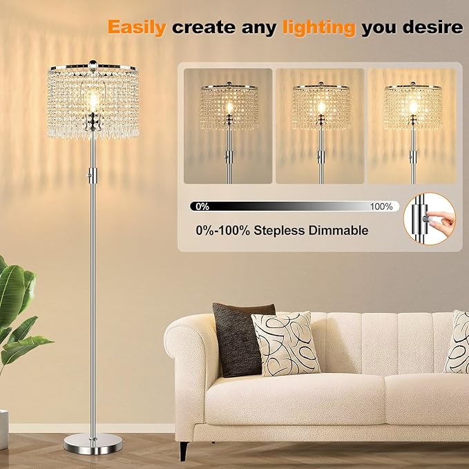 【Upgraded】 Dimmable Floor Lamps for Living Room, 1000LM LED Bulb Included, Standing Lamp with Crystal Lampshade, Tall Silver Pole Light for Bedroom Nursery Office Corner Reading - Bloomnest