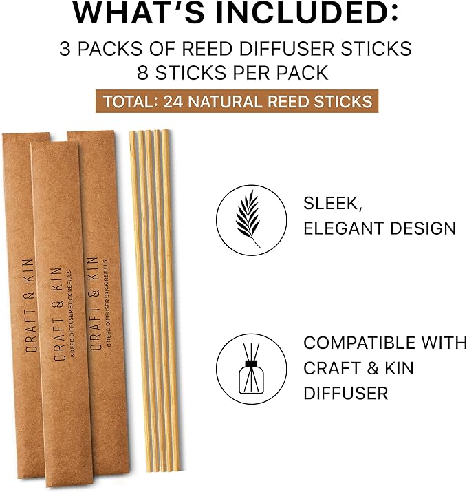 Craft & Kin Reed Diffuser Sticks – 3 Pack of 8 Natural Rattan Sticks per Pouch – Home Fragrance Refill, Eco-Friendly Reed Replacement for Essential Oil Diffusers CraftKin
