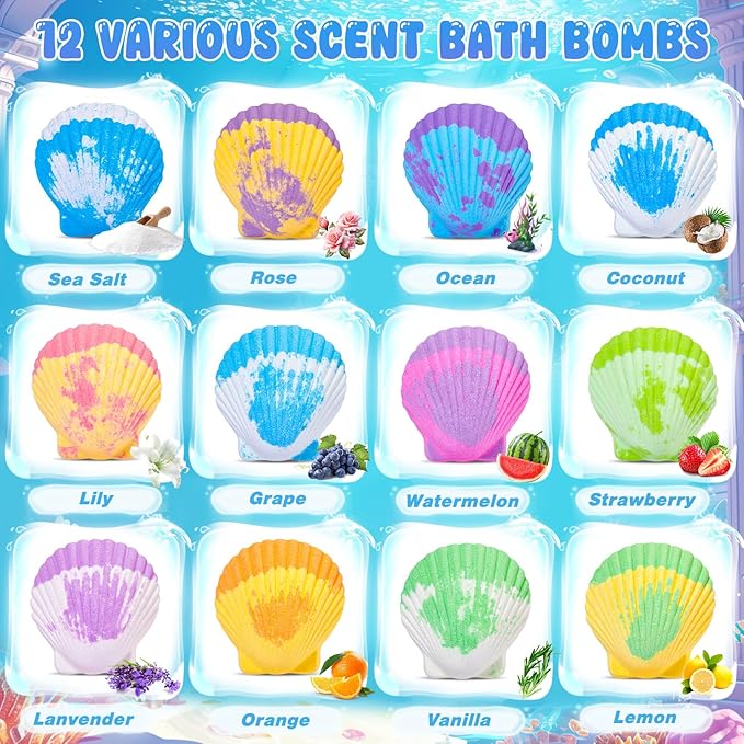Ocean Bath Bombs for Kids with Toys Inside, 12 Pack Kids Shell Bath Bombs with Surprise Sea Animal Toys for Boys Girls Handmade Bubble Bath Fizzies Birthday Christmas Gift Set - Bloomnest