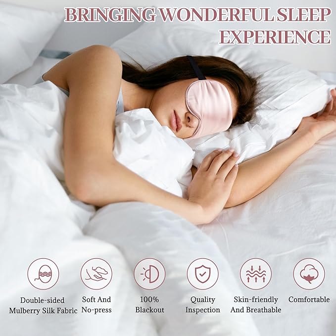 Silk Sleep Mask Eye Cover, 100% Mulberry Silk Women Men Eye Mask for Sleeping Blackout with Adjustable Straps, No Pressure Soft Blindfold Night Eye Shade, Eyemasks for Travel (Pink)