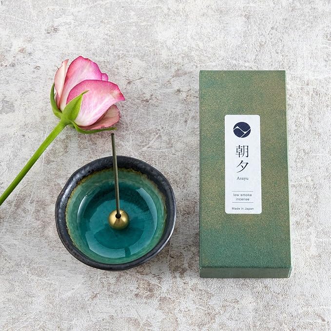 Asayu Japan Low Smoke Incense Gift Set with Incense Holder and Brass Stand, Floral Set (Jasmine & Rose) Incense Sticks with Mini Nature Aquamarine Incense Holder - Bloomnest