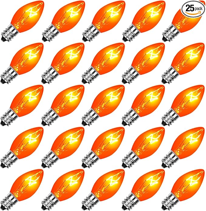 SUNSGNE 25 Pack C7 Orange Light Bulbs Halloween Christmas Replacement Bulbs, C7 Clear Orange Incandescent Light Bulbs for Outdoor Patio Xmas String Lights, E12/C7 Candelabra Base, 5 Watts - Bloomnest