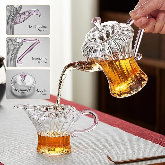 Glass Teapot Tea Pot With Infuser, Glass Kettle, Tea Glass Pot, Glass Tea Cup With Infuser And Lid For Loose Leaf Tea Steeper, Tea Pots For Tea Party, 2 Glass Cups With Saucers, 1 Male Cup Tea Gift - Bloomnest