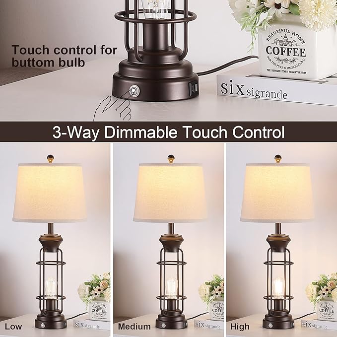 28.5" Farmhouse Lamps for Bedrooms Set of 2, Tall Table Lamps for Living Room with Dual USB Charging Port, Oil Rubbed Bronze Table Lamp with White Oatmeal Shade, Bulbs Included - Bloomnest
