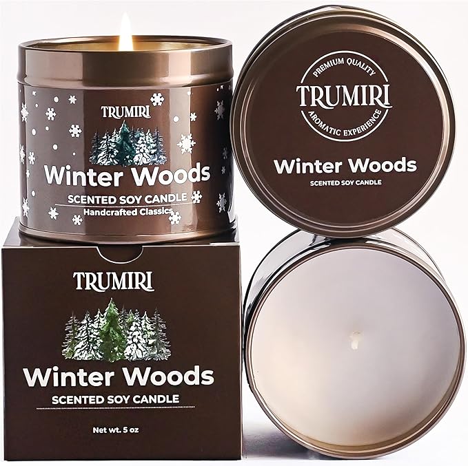 Winter Woods - Soy Candles for Home Scented - for Fall Christmas Holidays - 5oz Natural Clean Non Toxic - Long Lasting Highly Scented Pet Safe Luxury Tin - Velas Aromáticas Para el Hogar - Pine Candel TRUMIRI