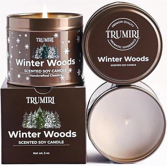 Winter Woods - Soy Candles for Home Scented - for Fall Christmas Holidays - 5oz Natural Clean Non Toxic - Long Lasting Highly Scented Pet Safe Luxury Tin - Velas Aromáticas Para el Hogar - Pine Candel TRUMIRI