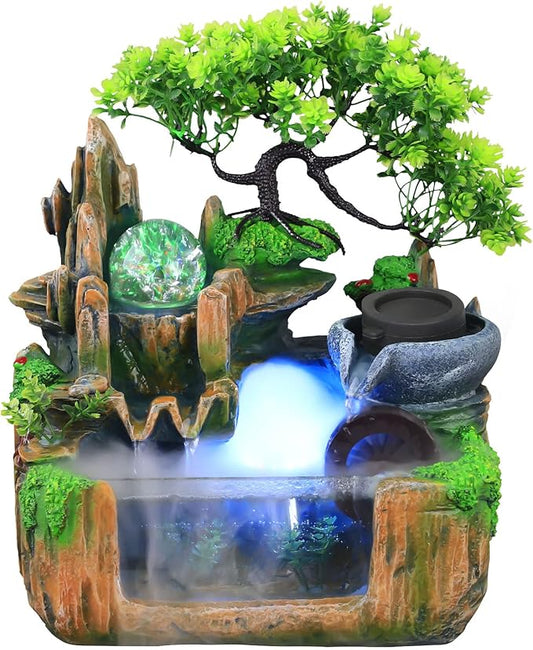 Gdrasuya10 Indoor Fountain, Tabletop Rockery Fountain with LED Lights, Goldfish Waterfall, Durable Resin Material, Ideal for Office, Home, Bedroom