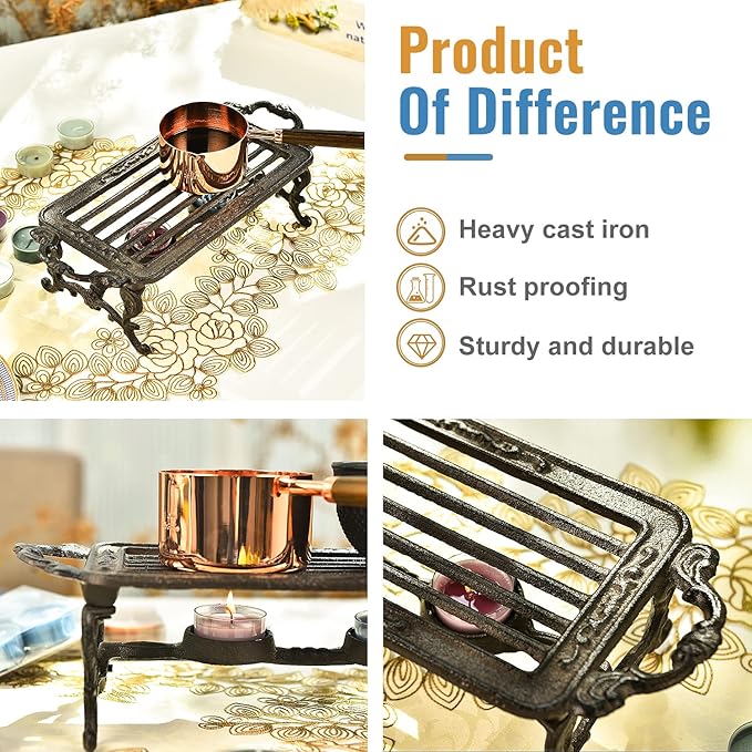Sungmor Heavy Duty Cast Iron Teapot Dish Warmer Stable Holder for Tealight Stand | Tealight Warmer Decorative Stove for Villa Yard Balcony-Rectangle - Bloomnest
