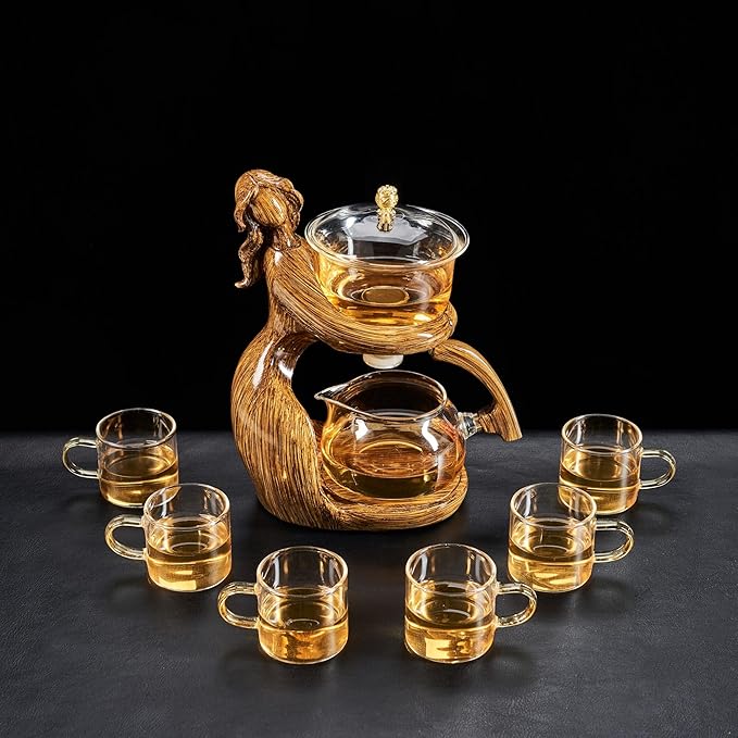 Glass Kungfu Teapot Set Tea maker with Infuser Semi Automatic Tea Set with 6 Small Cups (Brown) - Bloomnest