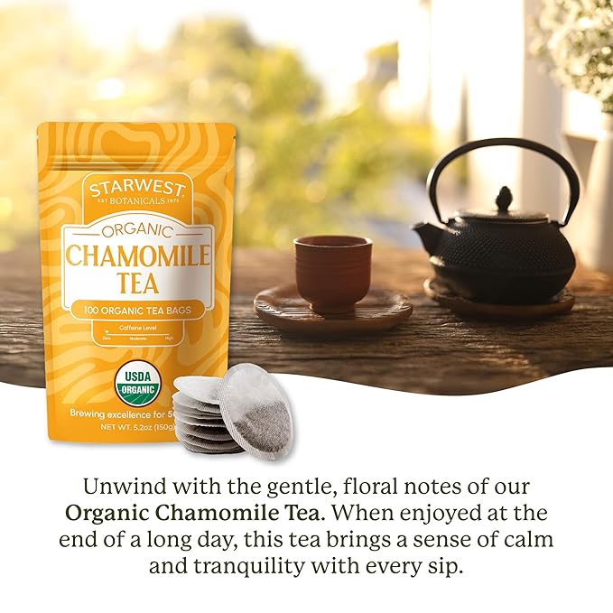 Starwest Botanicals Organic Chamomile Tea - Caffeine Free Herbal Tea, Supports Sleep & Relaxation, String Free Sachets, USDA Organic Chamomile, Non GMO - Bulk Pack, 100 Tea Bags - Bloomnest