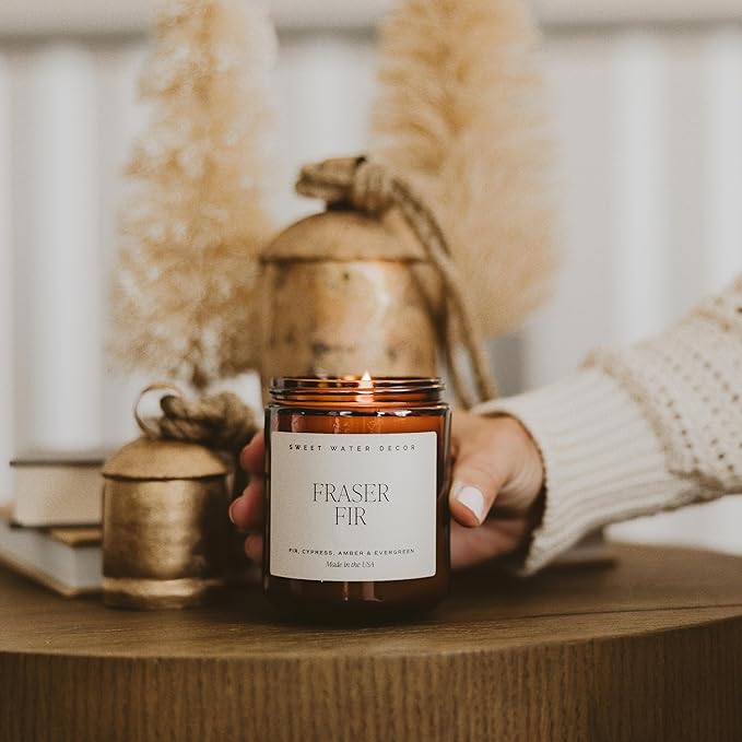 Sweet Water Decor Fraser Fir Christmas Candles - Christmas Stocking Stuffers Cypress, Evergreen & Pine Scented Candles - Scented Candles with 40 Hrs Burn Time - 9Oz Black Lid Amber Jar Wax Candles - Bloomnest